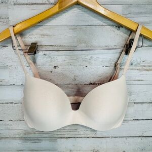 Victoria's Secret PINK Bra 32D Beige Push Up T-Shirt Underwire Demi Cup